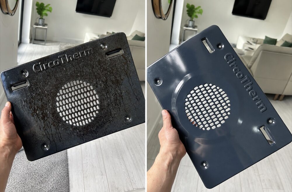 Before and after cleaning result on an oven part